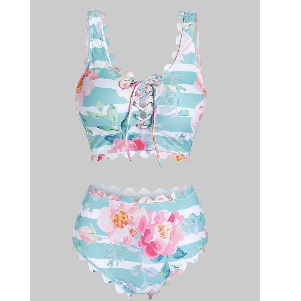 Scalloped Lace Up Stripes Floral bikini NWT size L